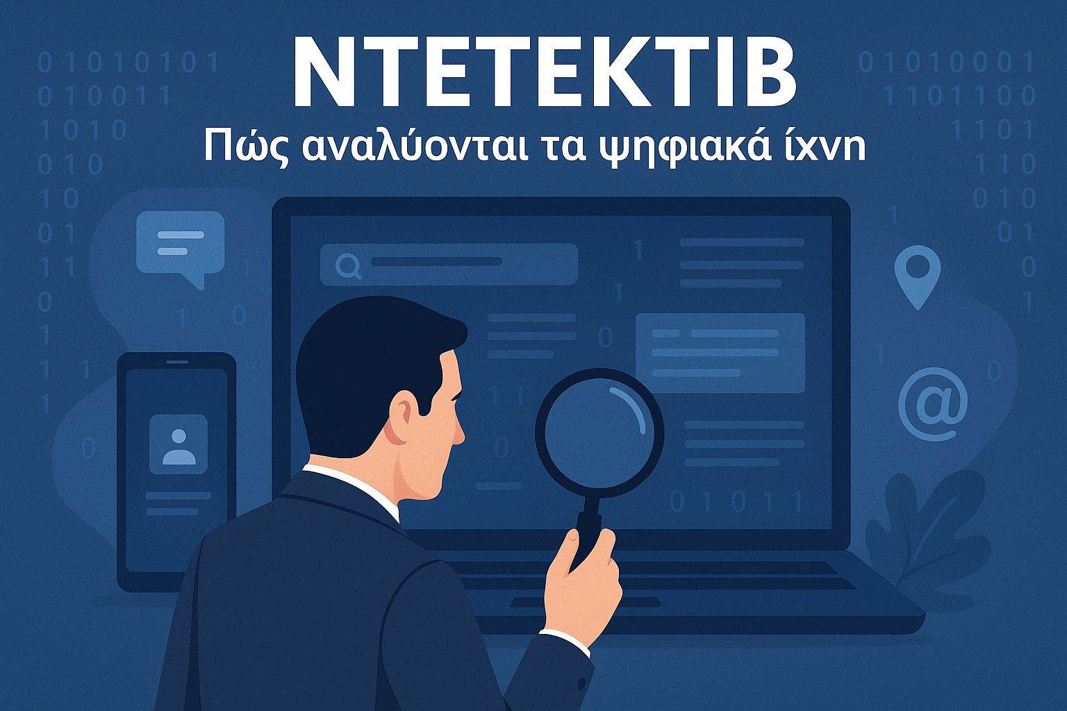 Ντετέκτιβ αναλύει ψηφιακά ίχνη σε οθόνη υπολογιστή με δεδομένα διαδικτυακής δραστηριότητας