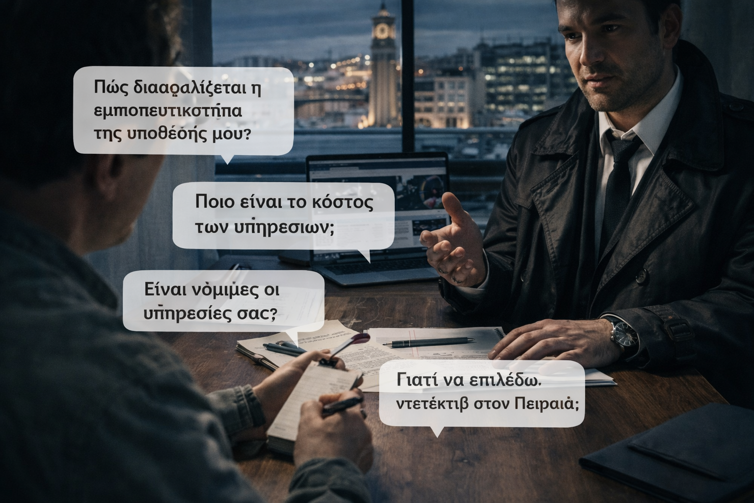 Ντετέκτιβ Πειραιάς σε συνάντηση με πελάτη για ιδιωτική έρευνα – CRS1 Ereunes